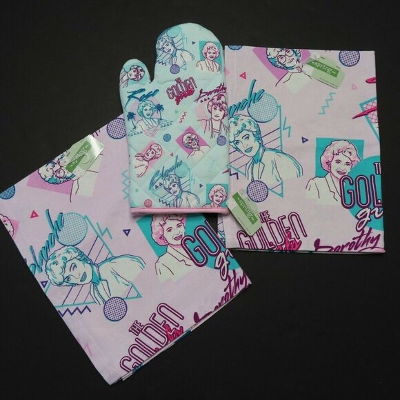 Golden Girls Oven Mitt 2 Tea Towels Kitchen Dining Set Cotton Blue Purple NEW - Picture 1 of 6